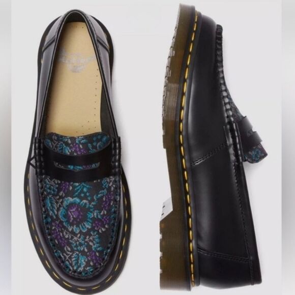 Dr. Martens Shoes - ☔️🩵NIB Dr. Martens Black & Rich Purple Floral Jacquard Penton Loafers Size 8